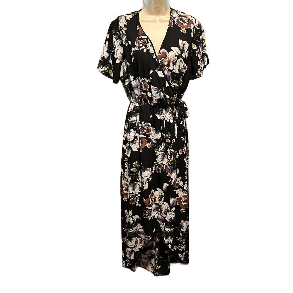 Altar’d State Black Floral Faux Wrap Dress Hi Low Hem Stretch Waist Size Medium